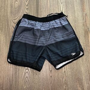 Speedo Anthracite Thread Print Swim Trunks Drawcord Elastic Waist Black Blue M